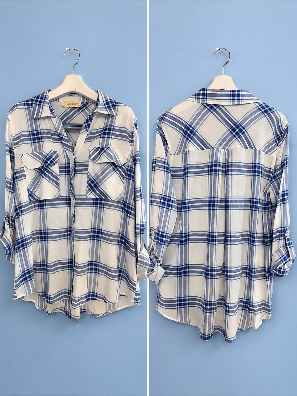 Cookies Hawaii Ladies L Blue White Plaid Button Tab Roll Sleeve Shirt Top